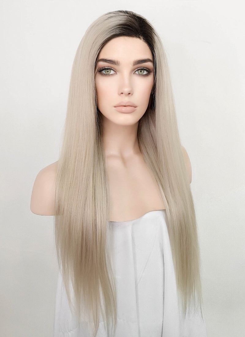 24" Long Straight Blonde With Dark Brown Roots Lace Front Remy Natural Hair Wig HH194