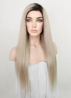 24" Long Straight Blonde With Dark Brown Roots Lace Front Remy Natural Hair Wig HH194