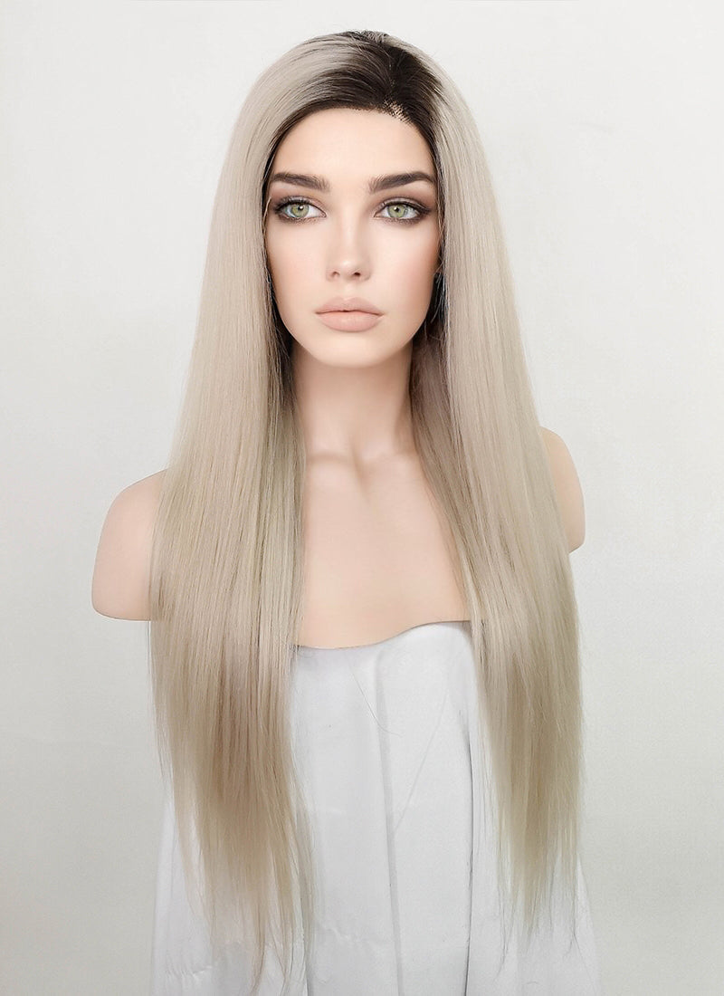 24" Long Straight Blonde With Dark Brown Roots Lace Front Remy Natural Hair Wig HH194