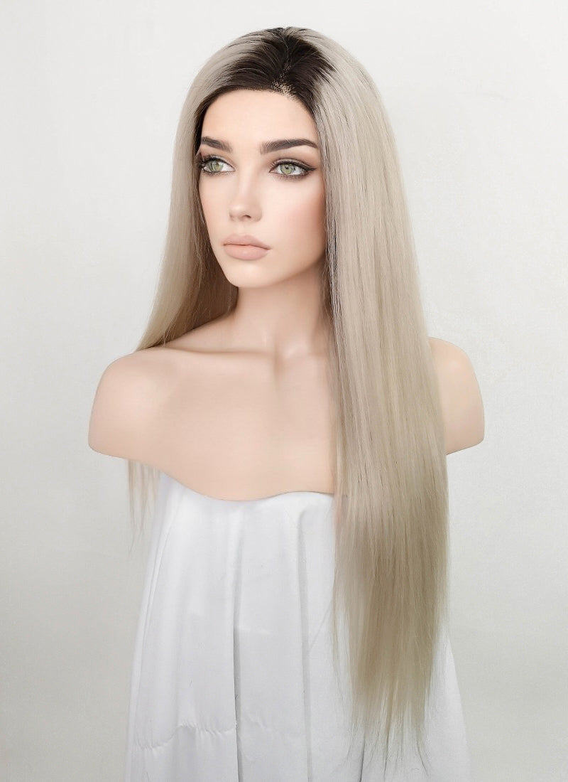 24" Long Straight Blonde With Dark Brown Roots Lace Front Remy Natural Hair Wig HH194