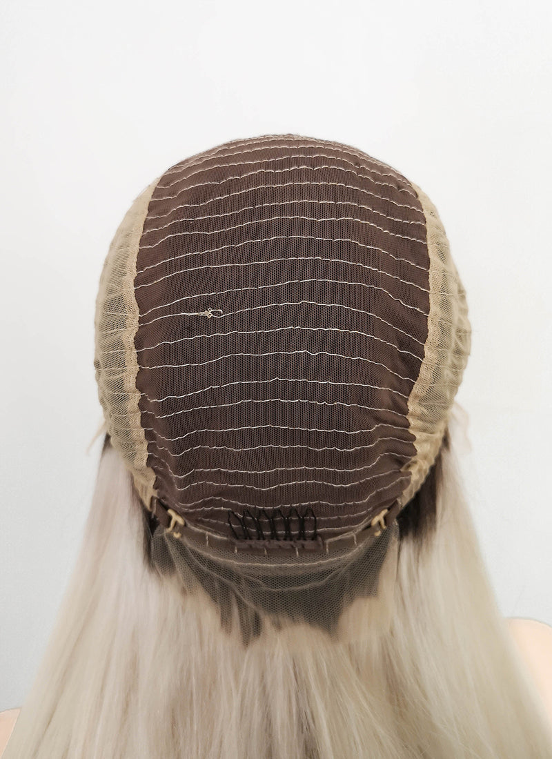 24" Long Straight Blonde With Dark Brown Roots Lace Front Remy Natural Hair Wig HH194