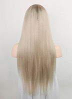 24" Long Straight Blonde With Dark Brown Roots Lace Front Remy Natural Hair Wig HH194