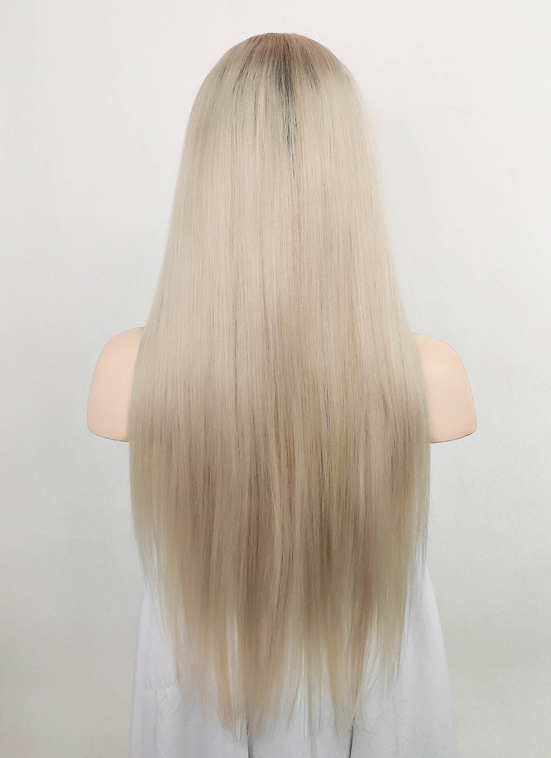 24" Long Straight Blonde With Dark Brown Roots Lace Front Remy Natural Hair Wig HH194