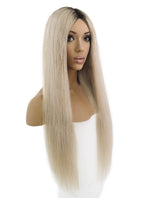 26" Long Straight Blonde With Black Roots Lace Front Remy Natural Hair Wig HH040