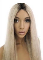26" Long Straight Blonde With Black Roots Lace Front Remy Natural Hair Wig HH040