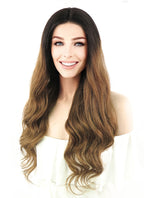 24" Long Curly Brown With Dark Roots Lace Front Remy Natural Hair Wig HH066