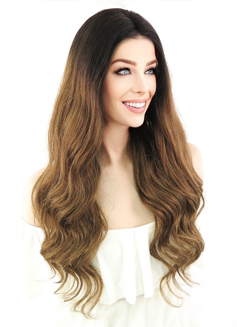 24" Long Curly Brown With Dark Roots Lace Front Remy Natural Hair Wig HH066