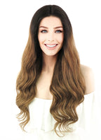 24" Long Curly Brown With Dark Roots Lace Front Remy Natural Hair Wig HH066