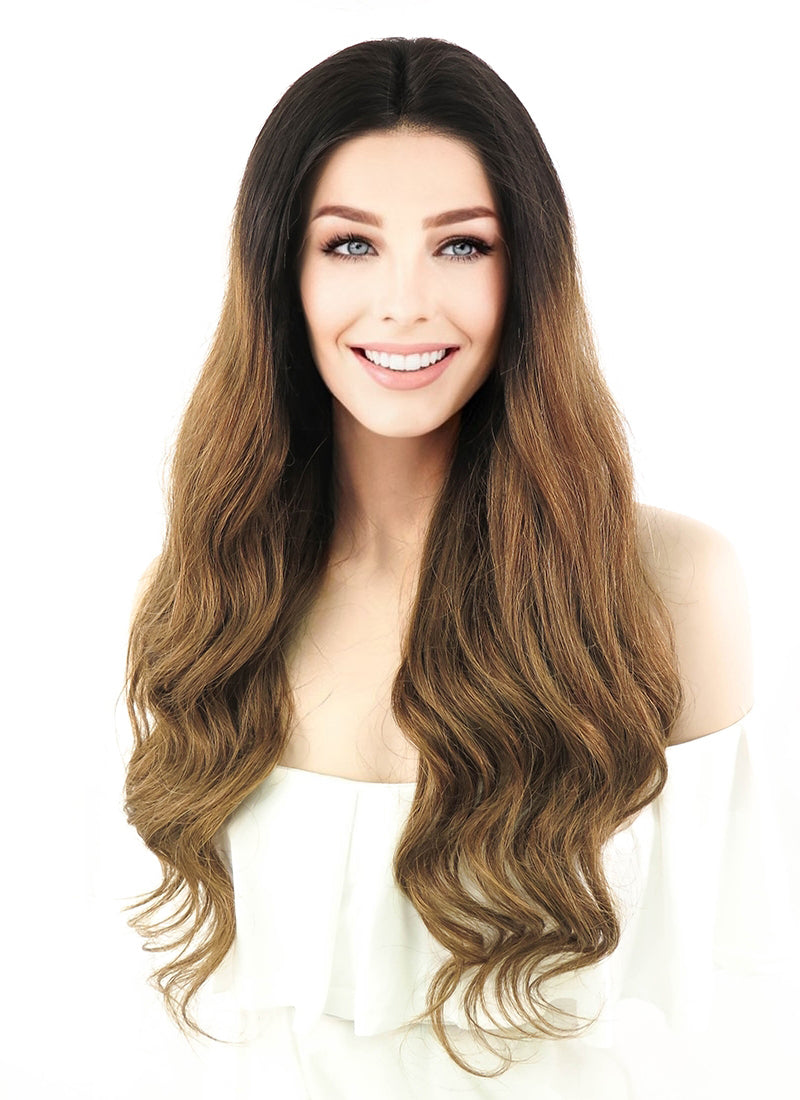 24" Long Curly Brown With Dark Roots Lace Front Remy Natural Hair Wig HH066