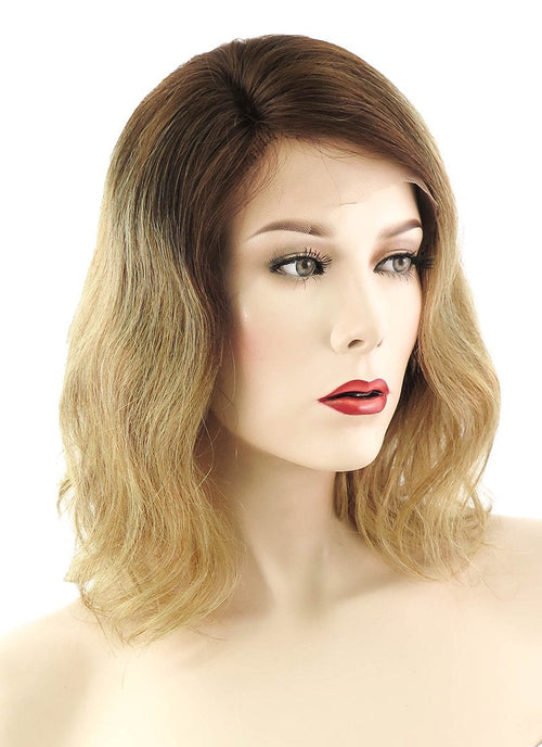 12" Medium Wavy Bob Light Blonde With Brown Roots Lace Front Remy Natural Hair Wig HH067 - wifhair