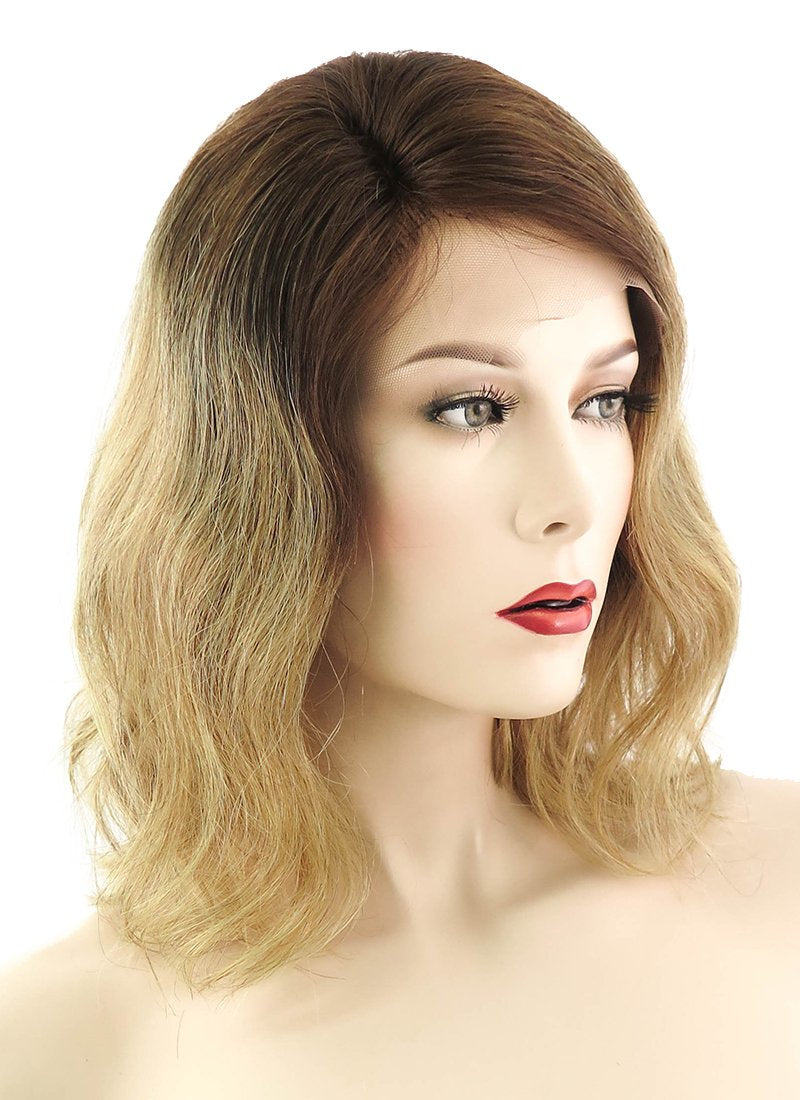 12" Medium Wavy Bob Light Blonde With Brown Roots Lace Front Remy Natural Hair Wig HH067 - wifhair