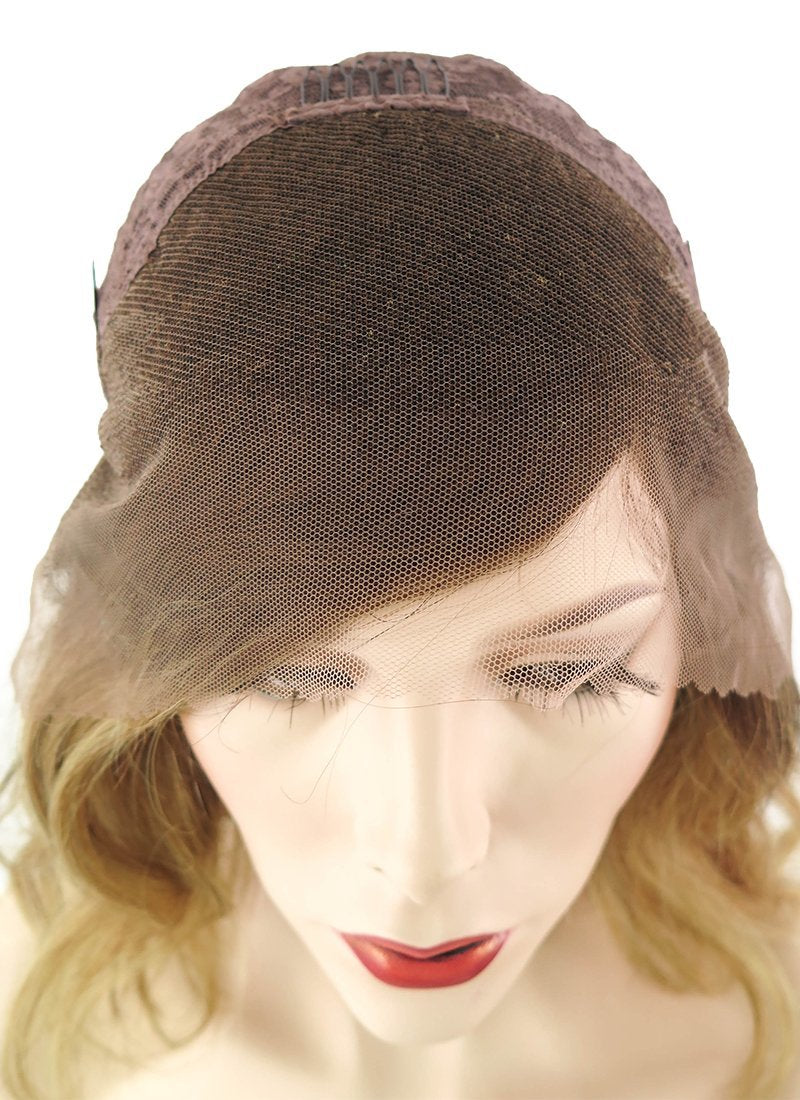 12" Medium Wavy Bob Light Blonde With Brown Roots Lace Front Remy Natural Hair Wig HH067 - wifhair