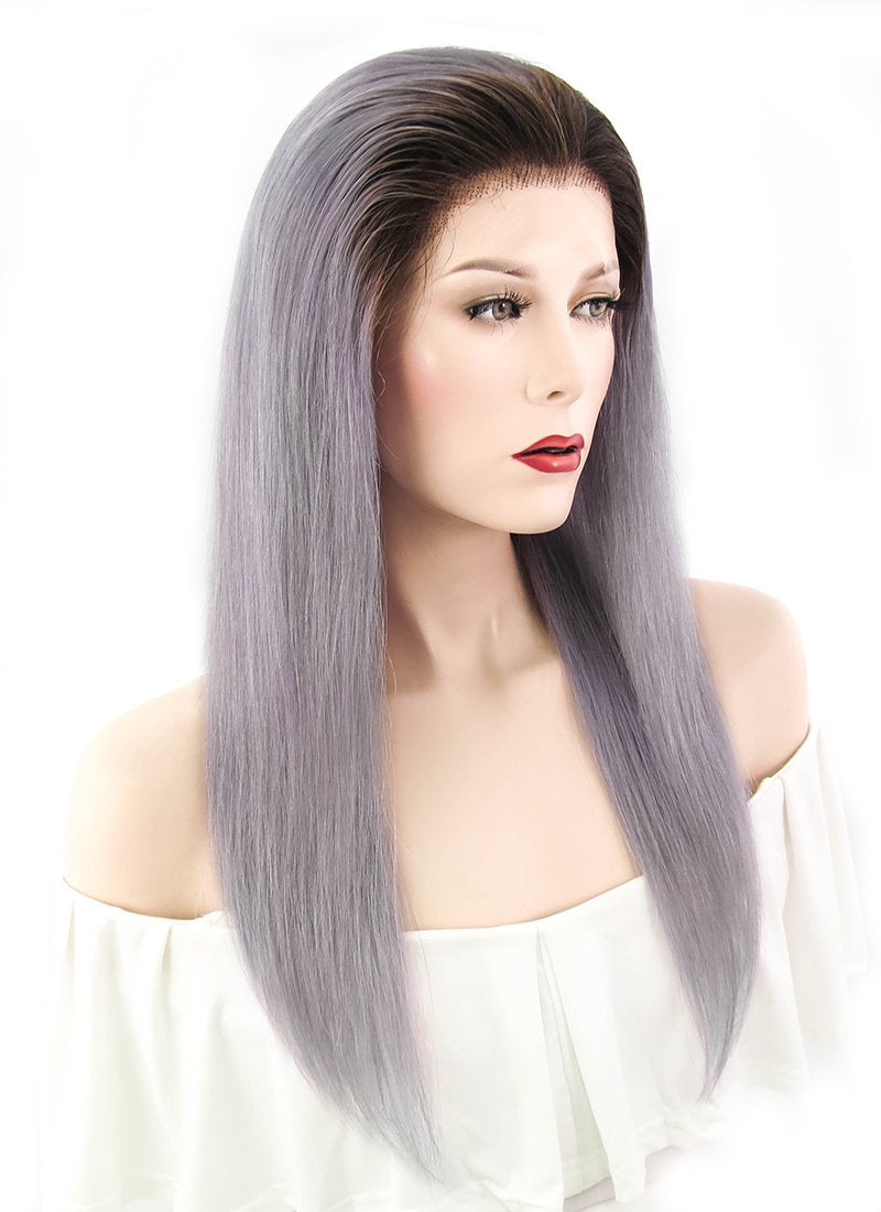 16" Long Straight Purple Grey With Brown Roots Full Lace Remy Natural Hair Wig HH070 - wifhair
