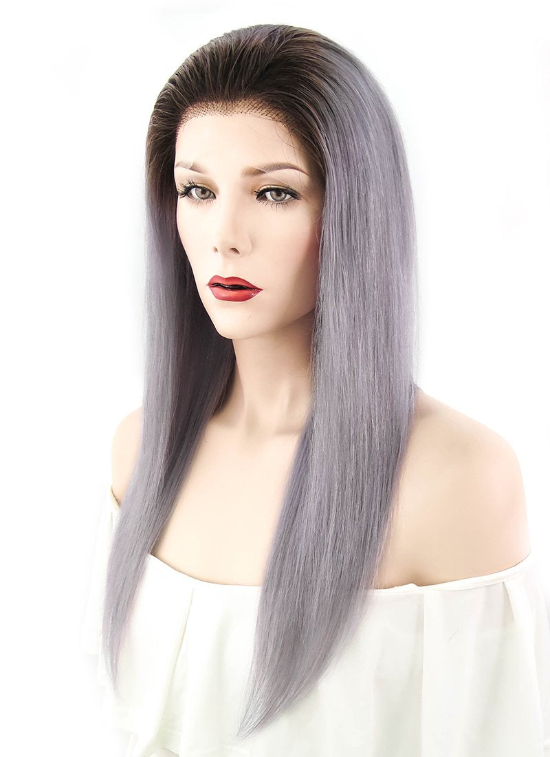 16" Long Straight Purple Grey With Brown Roots Full Lace Remy Natural Hair Wig HH070 - wifhair