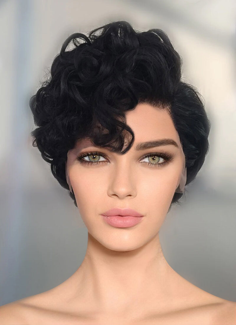 8" Short Curly Off Black Pixie Lace Front Remy Natural Hair Wig HP012