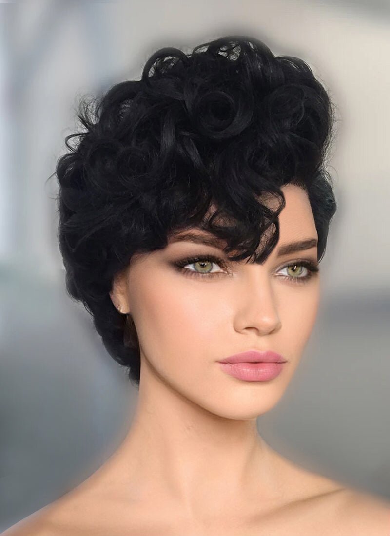 8" Short Curly Off Black Pixie Lace Front Remy Natural Hair Wig HP012