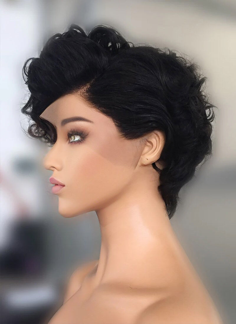 8" Short Curly Off Black Pixie Lace Front Remy Natural Hair Wig HP012