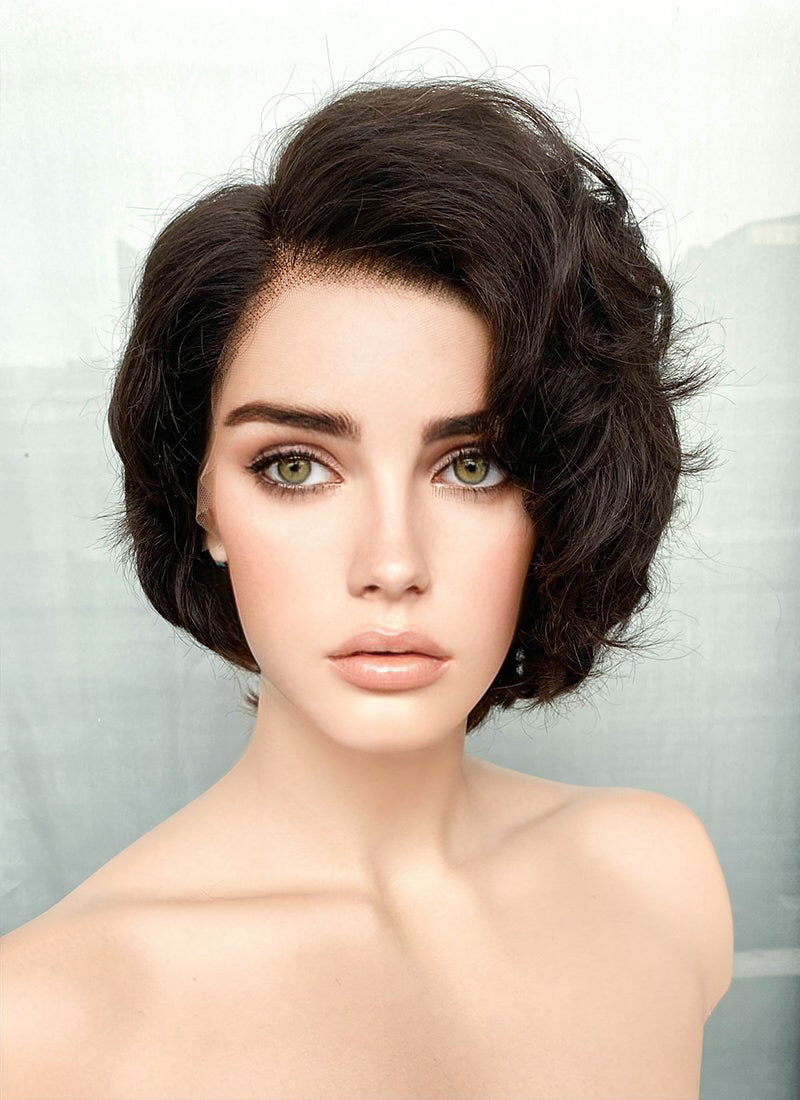 8" Short Curly Off Black Pixie Lace Front Remy Natural Hair Wig HP013