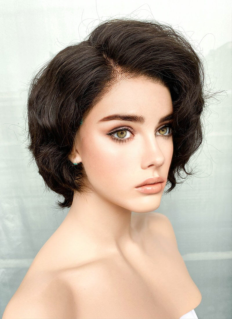 8" Short Curly Off Black Pixie Lace Front Remy Natural Hair Wig HP013