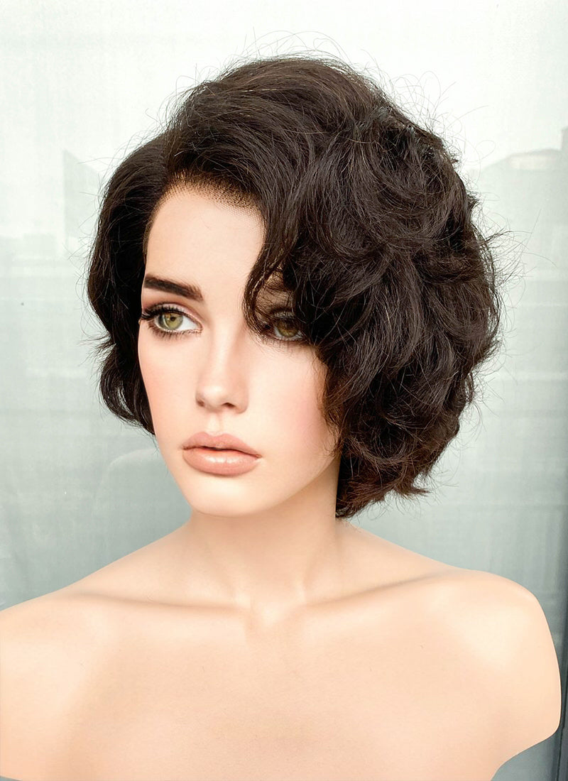 8" Short Curly Off Black Pixie Lace Front Remy Natural Hair Wig HP013