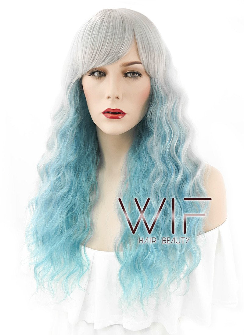 27" Long Curly Grey Mixed Blue Pastel Ombre Fashion Synthetic Hair Wig HS164