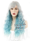 27" Long Curly Grey Mixed Blue Pastel Ombre Fashion Synthetic Hair Wig HS164