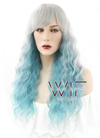 27" Long Curly Grey Mixed Blue Pastel Ombre Fashion Synthetic Hair Wig HS164