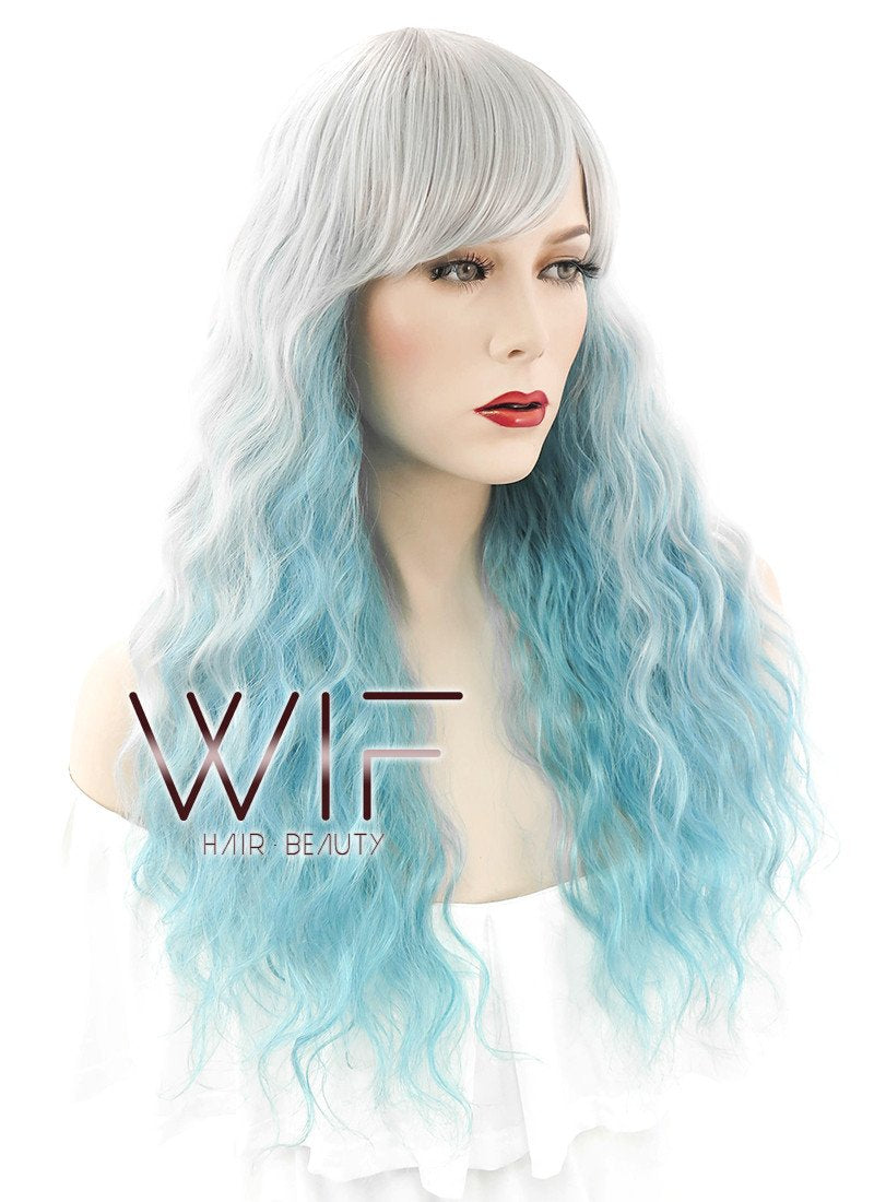27" Long Curly Grey Mixed Blue Pastel Ombre Fashion Synthetic Hair Wig HS164