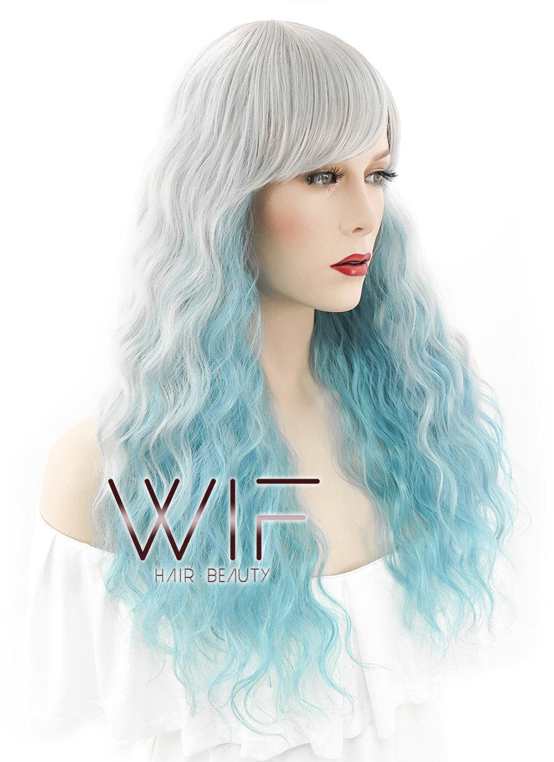 27" Long Curly Grey Mixed Blue Pastel Ombre Fashion Synthetic Hair Wig HS164