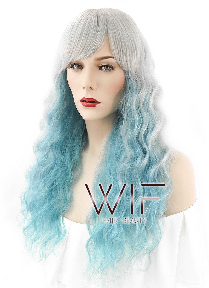 27" Long Curly Grey Mixed Blue Pastel Ombre Fashion Synthetic Hair Wig HS164