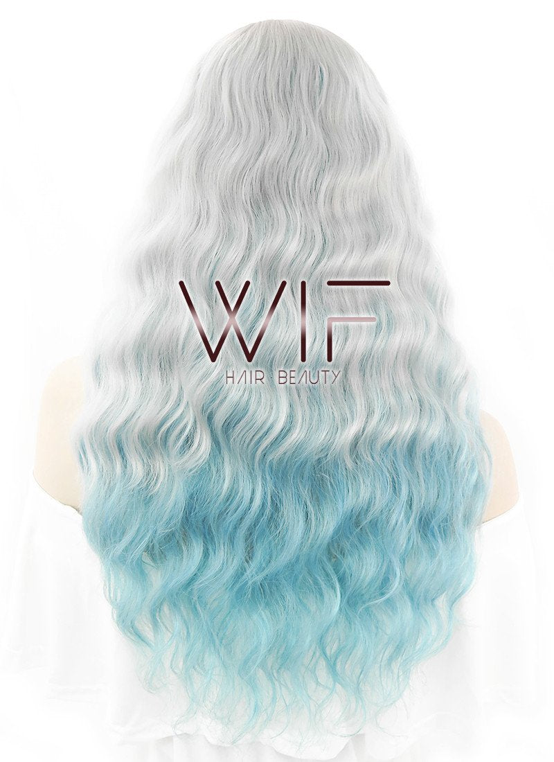 27" Long Curly Grey Mixed Blue Pastel Ombre Fashion Synthetic Hair Wig HS164