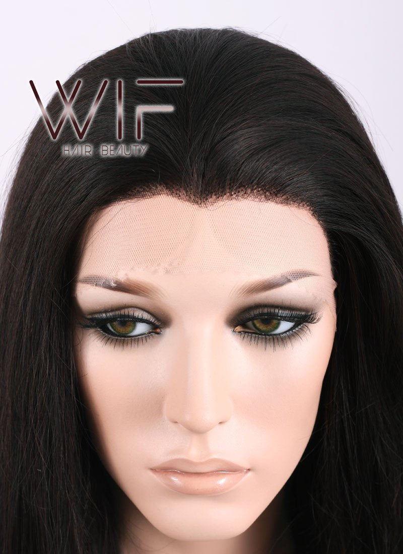 24" Long Straight Black Mixed Brown Lace Front Synthetic Hair Wig LF013