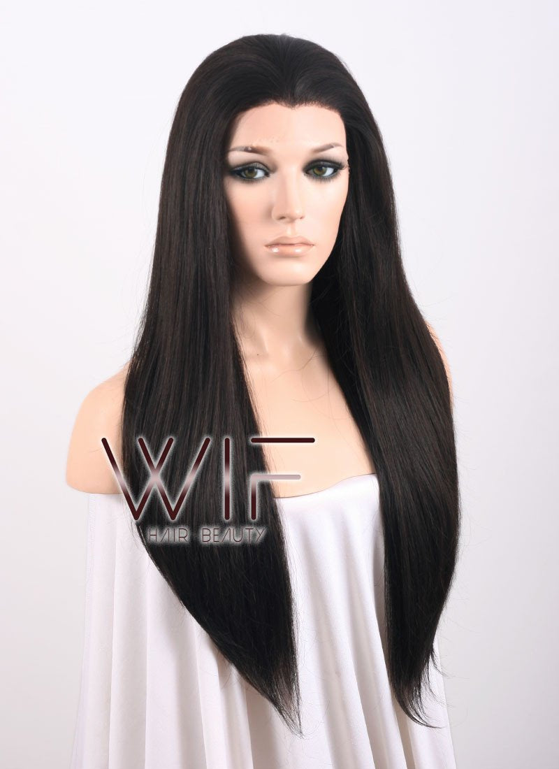 24" Long Straight Black Mixed Brown Lace Front Synthetic Hair Wig Kim Kardashian Inspired LF013