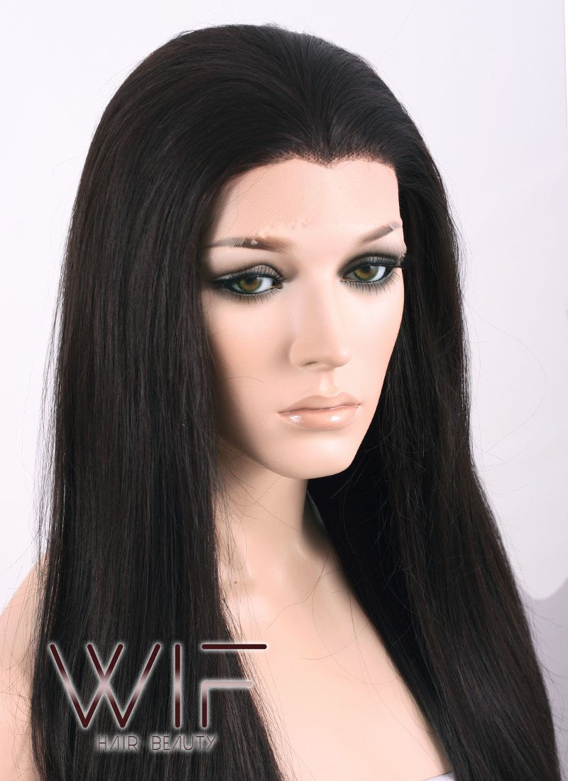 24" Long Straight Black Mixed Brown Lace Front Synthetic Hair Wig LF013