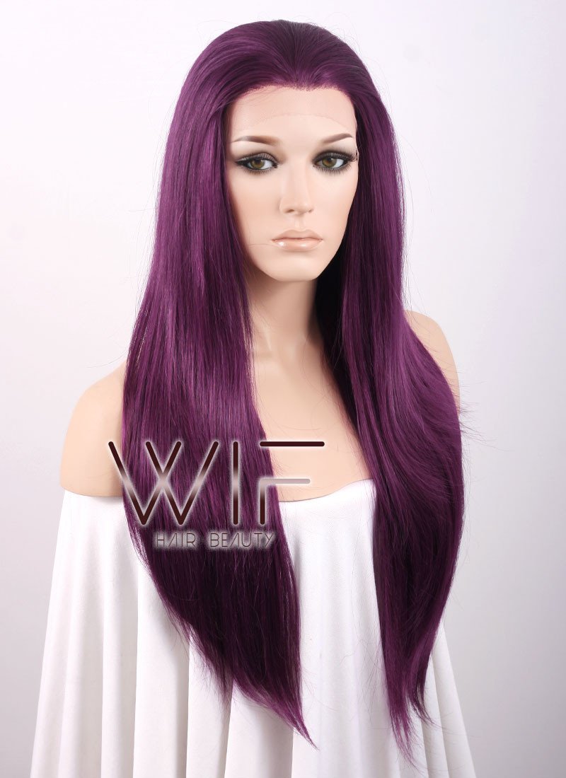 24" Straight Dark Purple Lace Front Synthetic Wig LF029