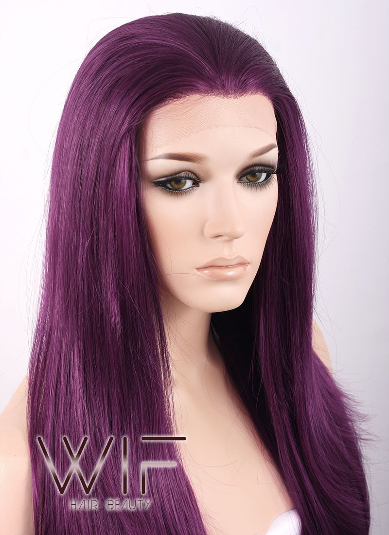 24" Straight Dark Purple Lace Front Synthetic Wig LF029