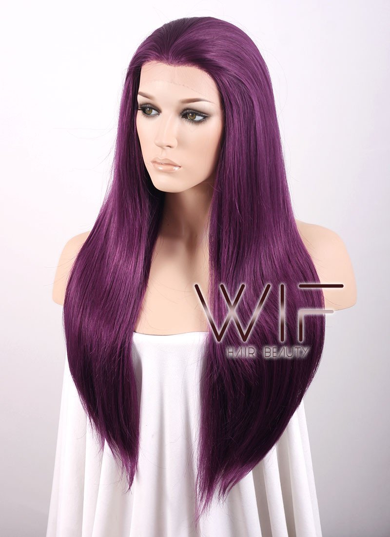 24" Straight Dark Purple Lace Front Synthetic Wig LF029