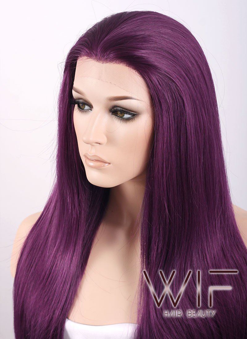 24" Straight Dark Purple Lace Front Synthetic Wig LF029