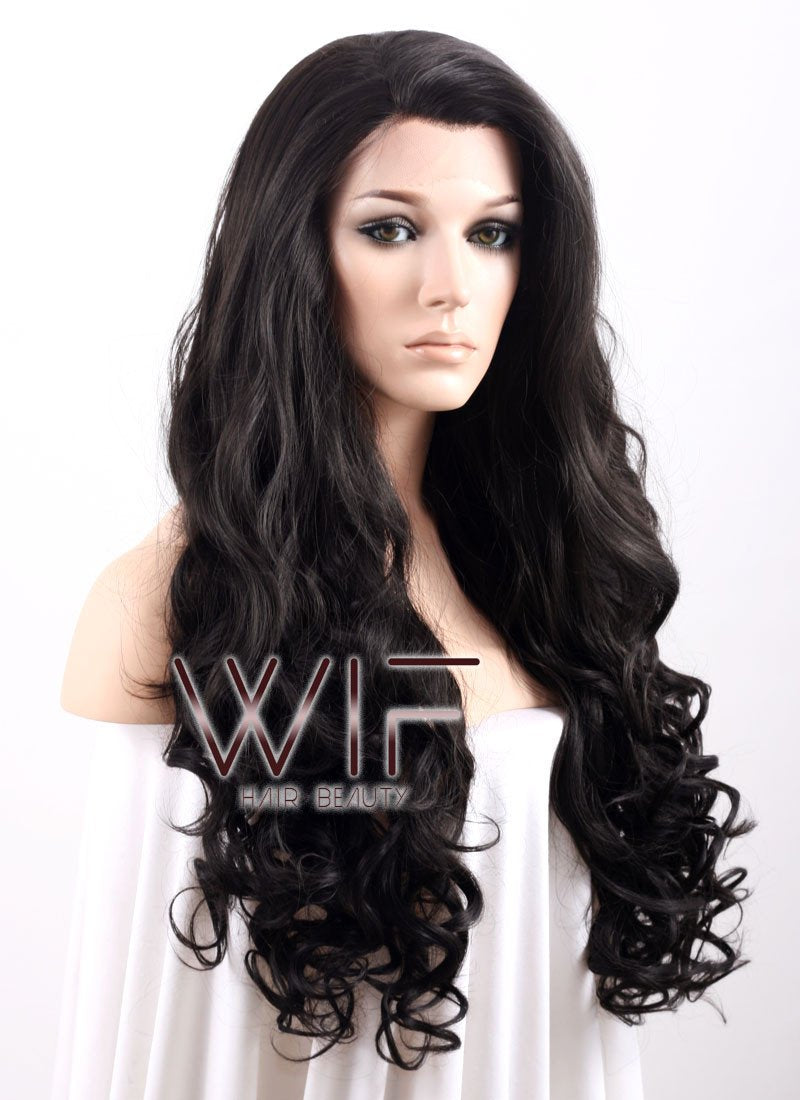 26" Long Curly Natural Black Heat Resistant Lace Front Synthetic Hair Wig LF071