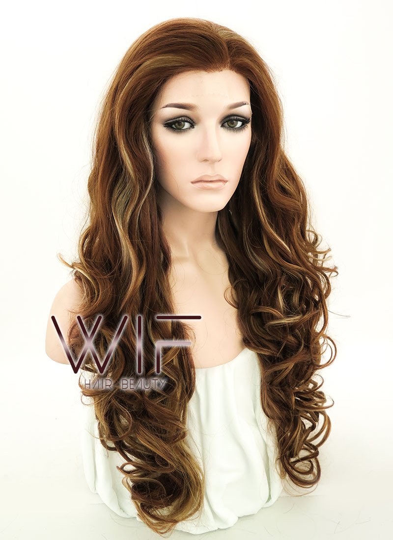 26" Wavy Brown Mixed Blonde Lace Front Synthetic Wig LF083