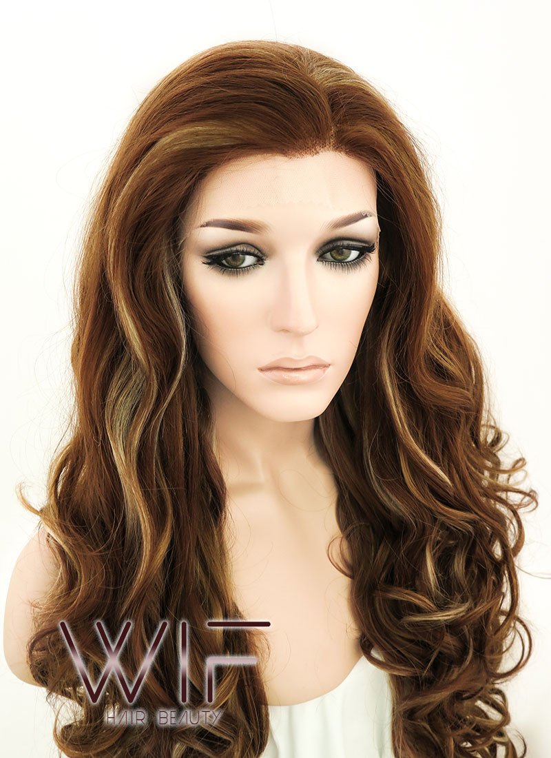 26" Wavy Brown Mixed Blonde Lace Front Synthetic Wig LF083