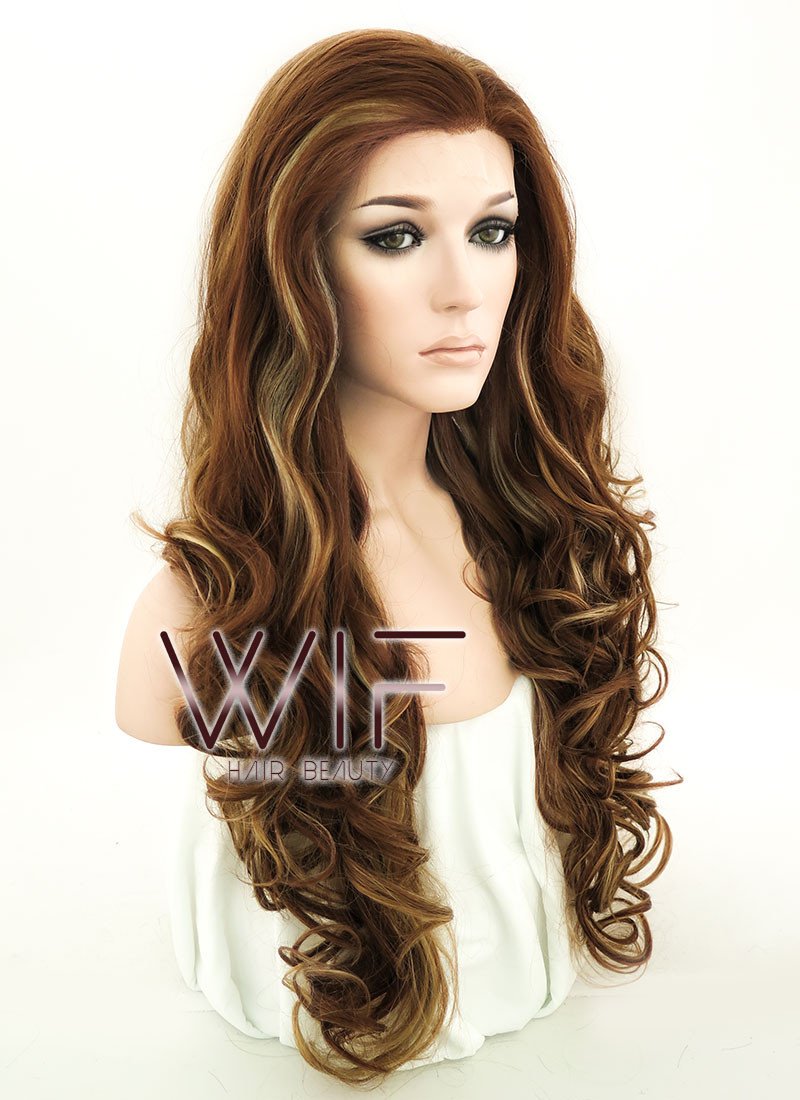 26" Wavy Brown Mixed Blonde Lace Front Synthetic Wig LF083