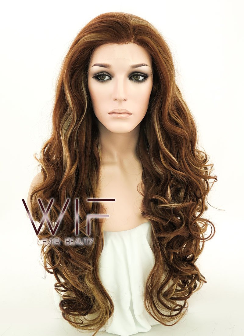 26" Wavy Brown Mixed Blonde Lace Front Synthetic Wig LF083