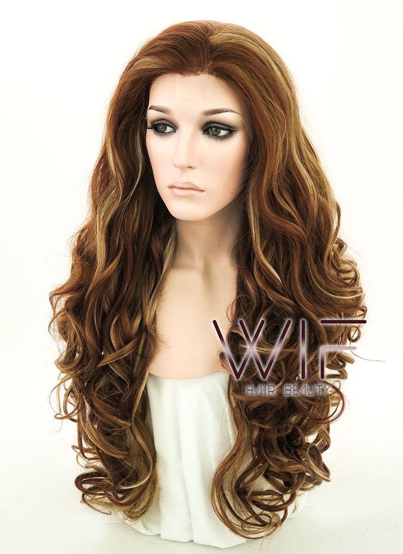 26" Wavy Brown Mixed Blonde Lace Front Synthetic Wig LF083