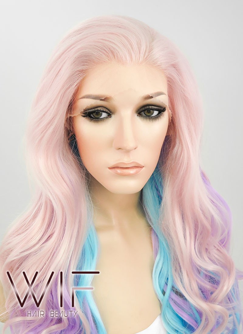 26" Wavy Pink Purple Blue Mixed Lace Front Synthetic Wig LF091