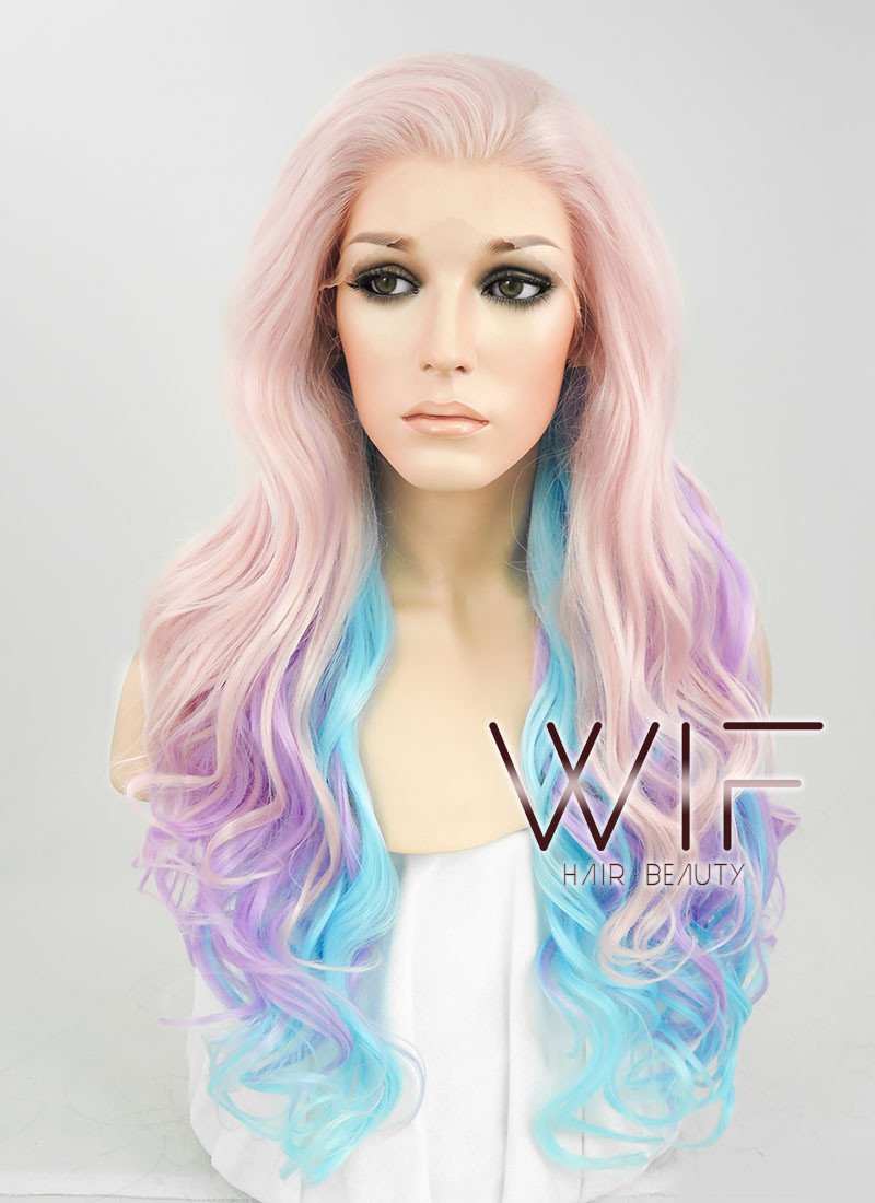 26" Wavy Pink Purple Blue Mixed Lace Front Synthetic Wig LF091