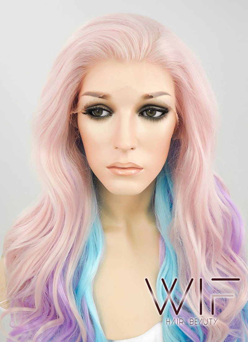 26" Wavy Pink Purple Blue Mixed Lace Front Synthetic Wig LF091
