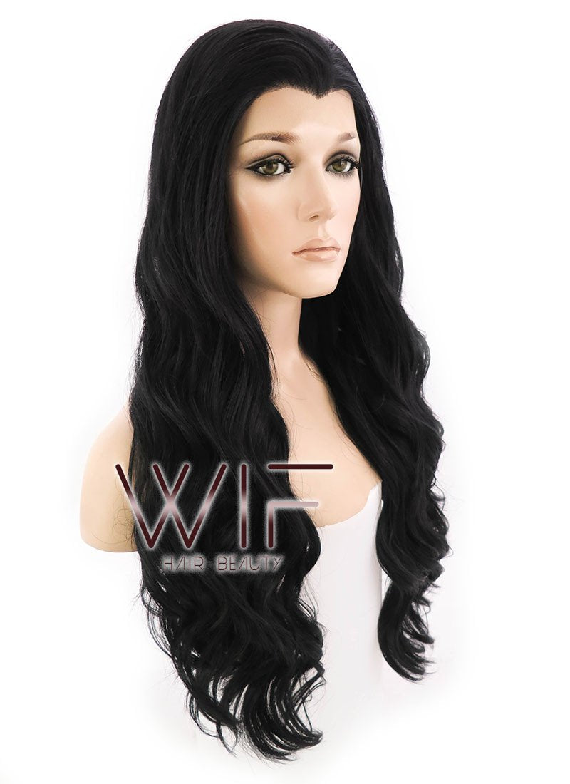 24" Long Curly Jet Black Lace Front Synthetic Hair Wig LF094