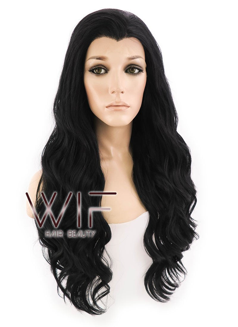 24" Long Curly Jet Black Lace Front Synthetic Hair Wig LF094
