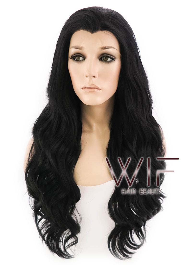24" Long Curly Jet Black Lace Front Synthetic Hair Wig LF094